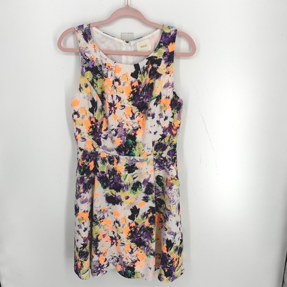 Maeve Anthropologie Fit Flare Dress Floral Neon Sleeveless Size 8 - Picture 2 of 7